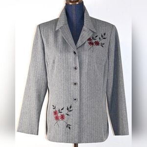 VIRGO II Vintage 80's Embroidered Blazer Jacket Size 12 Gray Pinstripe